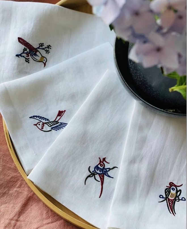 Mahjong Embroidered Linen Napkins in White - Set of 4 Main Image